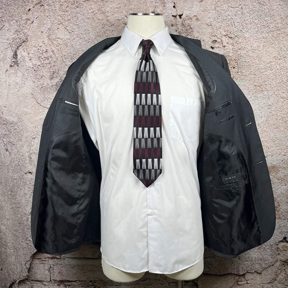 Profile Black Men's Slim Fit 42R Dark Grey Sport Coat Blazer Jacket Poly Blend